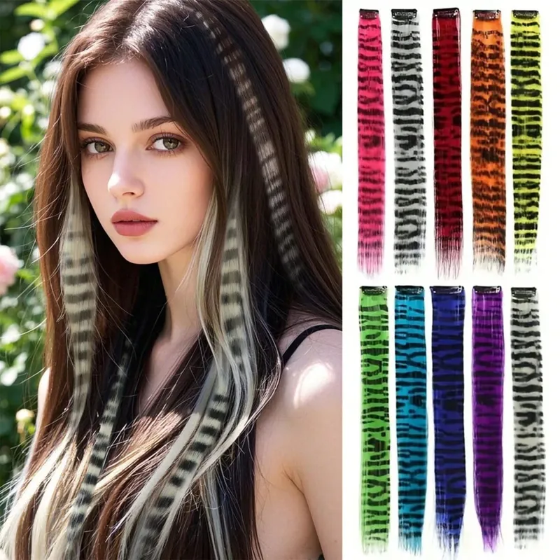 1pc/2pcs/3pcs/4pcs/6pcs/8pcs18" Long Straight Zebra Print Synthetic Feather clip in Hair Extensions Ideal Halloween Christmas — image 2