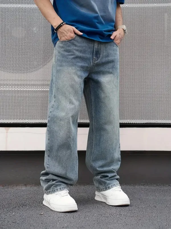 Men'S Casual Straight Wash Jeans - Light Blue Loose Fit Oblique Pocket Comfortable Blend Suitable For Casual Wear — image 5