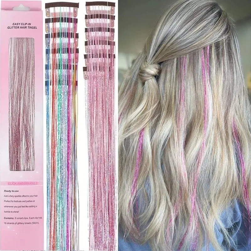 12pcs 20inch Tinsel Hair Extensions Wigs Colorful Shiny Artificial hair extensions Clip in Women Hairpieces for Daily Party Wear — image 2