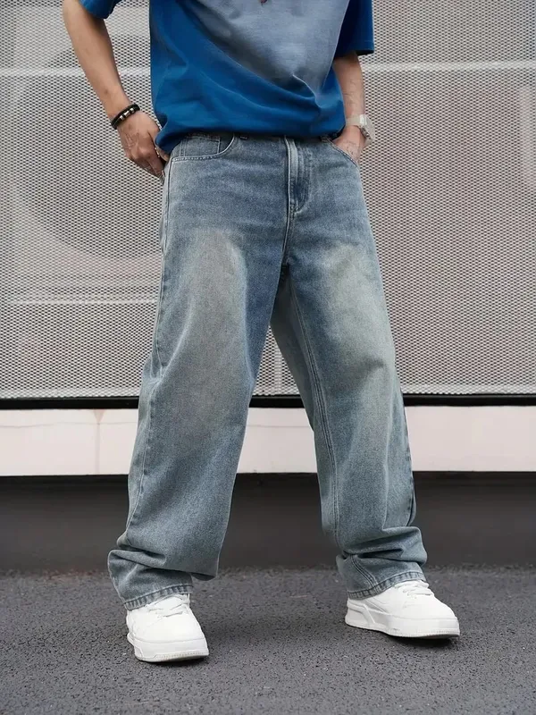 Men'S Casual Straight Wash Jeans - Light Blue Loose Fit Oblique Pocket Comfortable Blend Suitable For Casual Wear — image 3