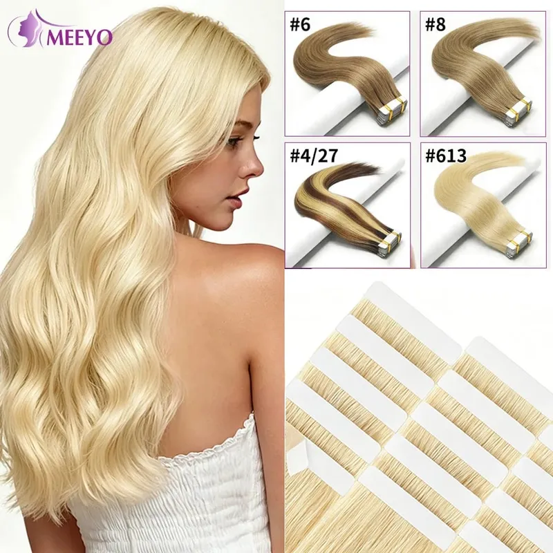 50g Straight Tape in Hair Extensions Human Hair 613 Color Bleach Blonde Seamless Skin Weft Tape in Real Human Hair Extension — image 1