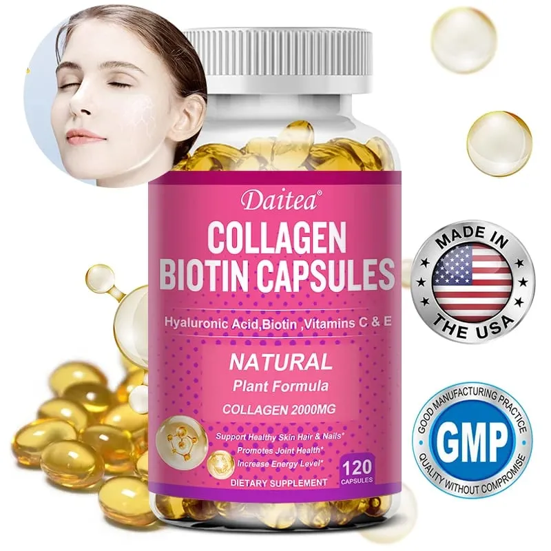 Les capsules de biotine de collagène Daitea soutiennent une peau saine, des articulations, des cheveux et des ongles, antioxydantes et sans OGM. — image 1