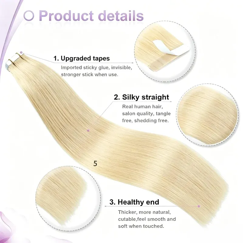 50g Straight Tape in Hair Extensions Human Hair 613 Color Bleach Blonde Seamless Skin Weft Tape in Real Human Hair Extension — image 2