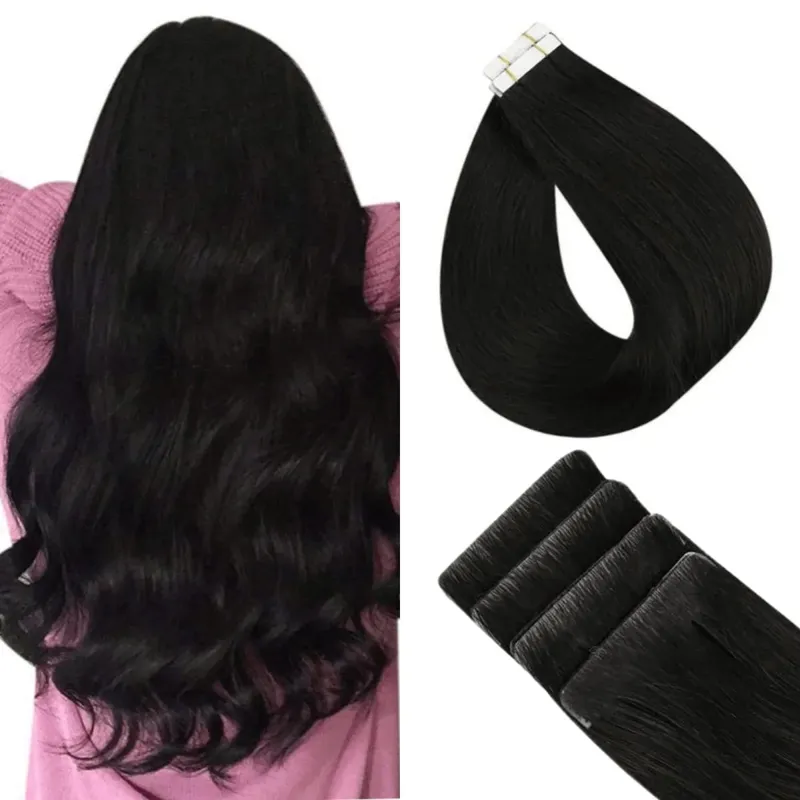 Tape in Hair Extensions Human Hair Black Remy Hair Extensions #1B Natural Black Hair Extensions Straight Tape in Human