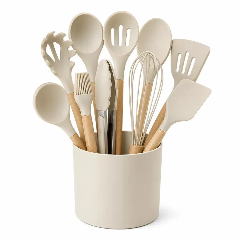 12PCS Silicone Kitchen Utensils Set with Holder - Nonstick Heat Resistant Wooden Handle Cooking Gadgets Set with Spatula Whisk Tongs & Spoon for Home Essentials — image 1