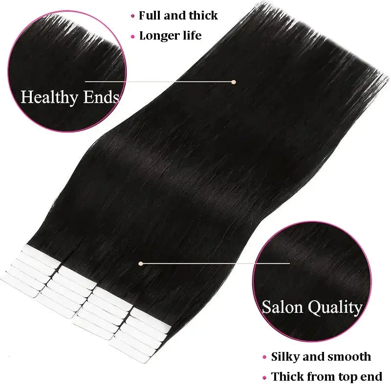 Straight Tape In Hair Extensions Brazilian 100% Remy Human Hair Natural Black 1B Seamless Skin Weft Replaceable Glue Tape ins 24 26inch For Salon Quality — image 2