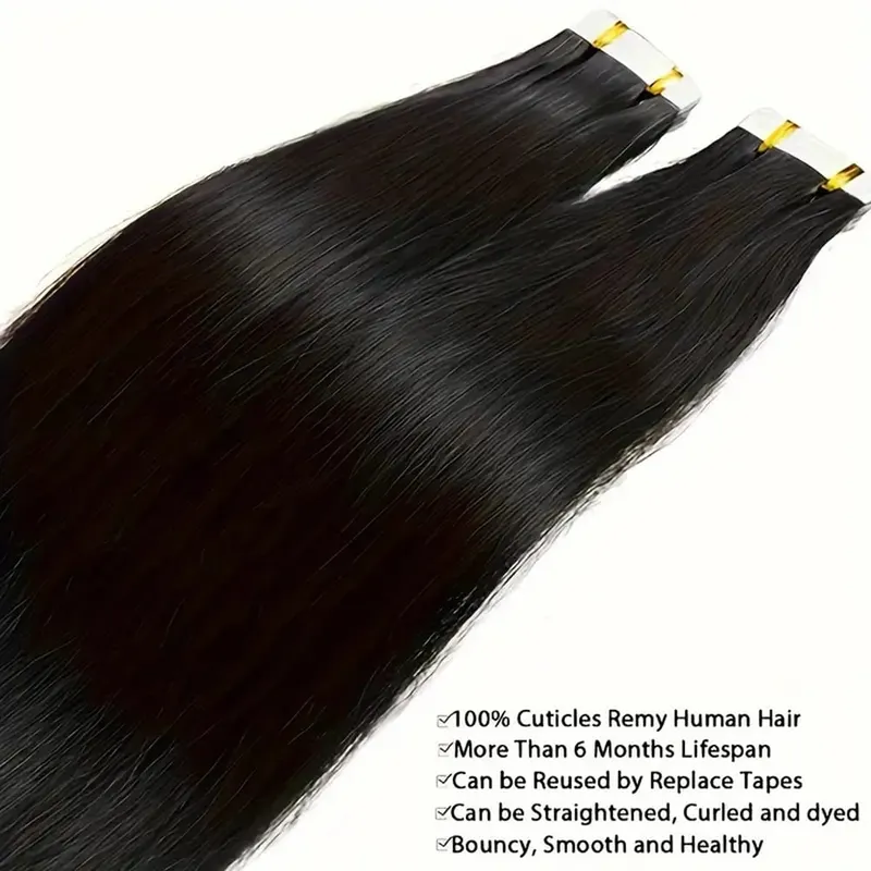 Straight Tape In Hair Extensions 20/40/60pcs Natural Black 100% Brazilian Human Hair Invisible Tape Ins Hair Extension For Women — image 6