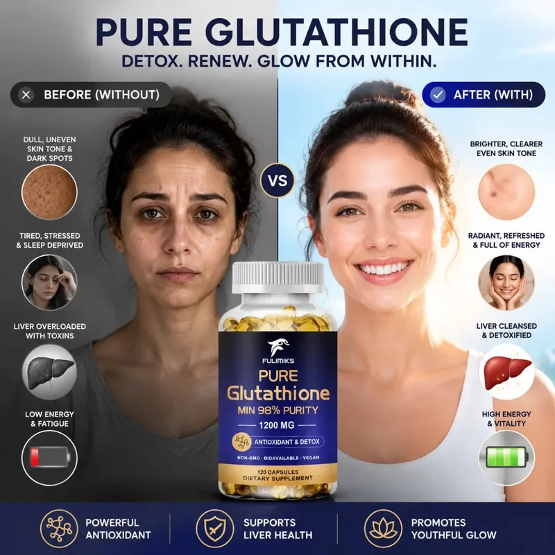 Pure Glutathione Capsules 1200MG Max Absorption Support Skin Antioxidant Anti-Aging Detoxification Liver Cleansing Immunity