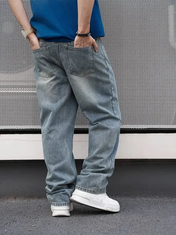 Men'S Casual Straight Wash Jeans - Light Blue Loose Fit Oblique Pocket Comfortable Blend Suitable For Casual Wear — image 2