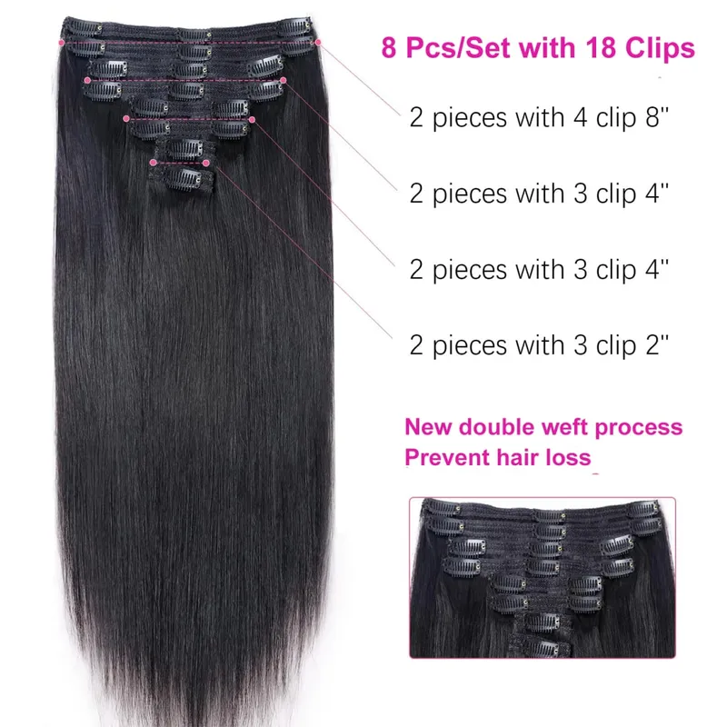 Straight Clip In Human Hair Extensions Brown Unprocessed Hair Extensions Full Head Brazilian Hair Seamless Clip Ins Extension — image 5