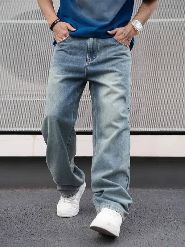 Men'S Casual Straight Wash Jeans - Light Blue Loose Fit Oblique Pocket Comfortable Blend Suitable For Casual Wear — image 1