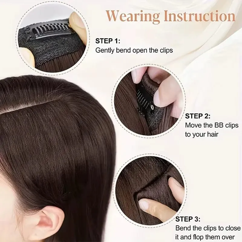 Seamless Synthetic Clip Ins Bangs Hair Extension With Secure BB Clips Thick Lining of Hair Top Side Cover Hairpieces for Women — image 4