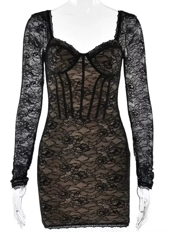 MO Autumn New Long Sleeve Stretch Lace Women Dress Black Low Chest Print Floral Skinny Elegant Party Evening Dress 2025 — image 6