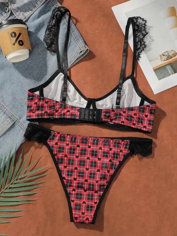 Christmas Red Plaid Lace Heart Push Up Bra Set Women Sexy Underwire No Padded Bralette & Panty Set — image 2