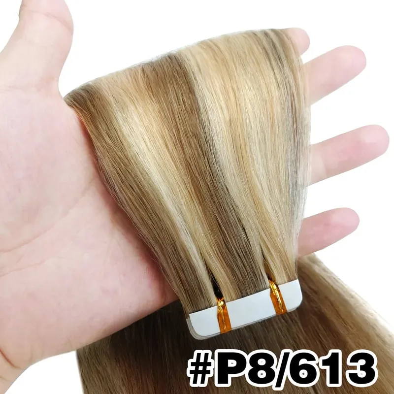 Straight Tape In Hair Extensions 100% Human Hair Blonde Brown Double Sided Adhesive Tape In Hair Natural Seamless Skin Weft — image 8