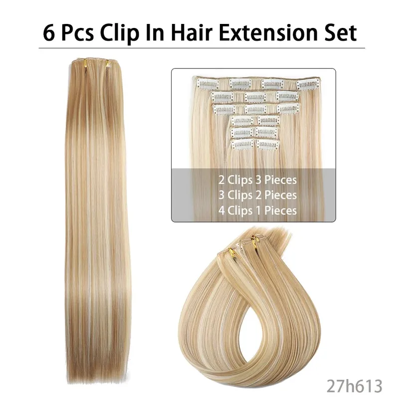 6-Piece Set 24-Inch Synthetic Clip-On Hair Extensions Straight Hair Removable Lightweight Synthetic Wig Women's Exclusive — image 2