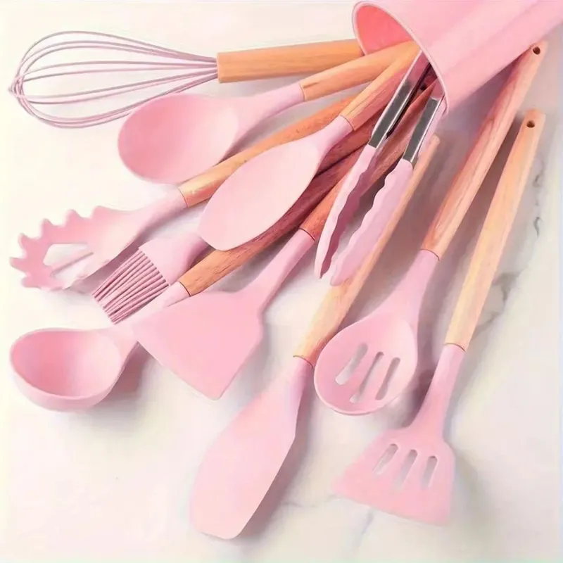 12PCS Silicone Kitchen Utensils Set with Holder - Nonstick Heat Resistant Wooden Handle Cooking Gadgets Set with Spatula Whisk Tongs & Spoon for Home Essentials — image 8