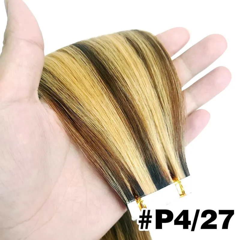 Straight Tape In Hair Extensions 100% Human Hair Blonde Brown Double Sided Adhesive Tape In Hair Natural Seamless Skin Weft