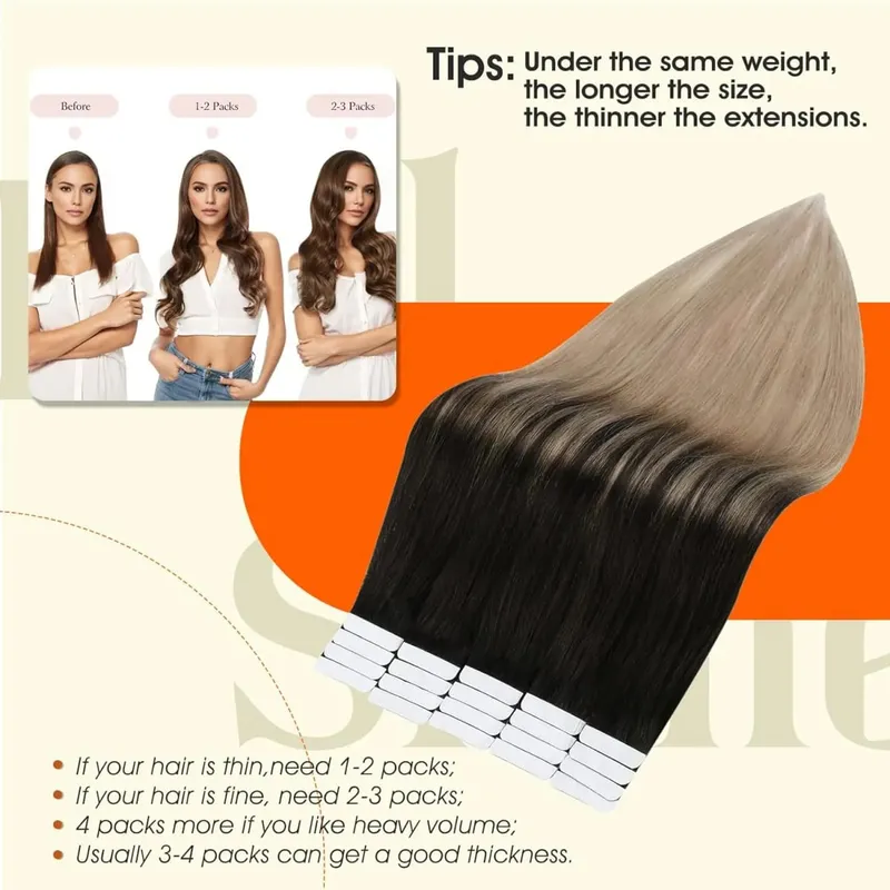 Full Shine Tape in Hair Extensions Human Hair Seamless Silky Straight Skin Weft 20Pcs 50G Add Length for Wedding