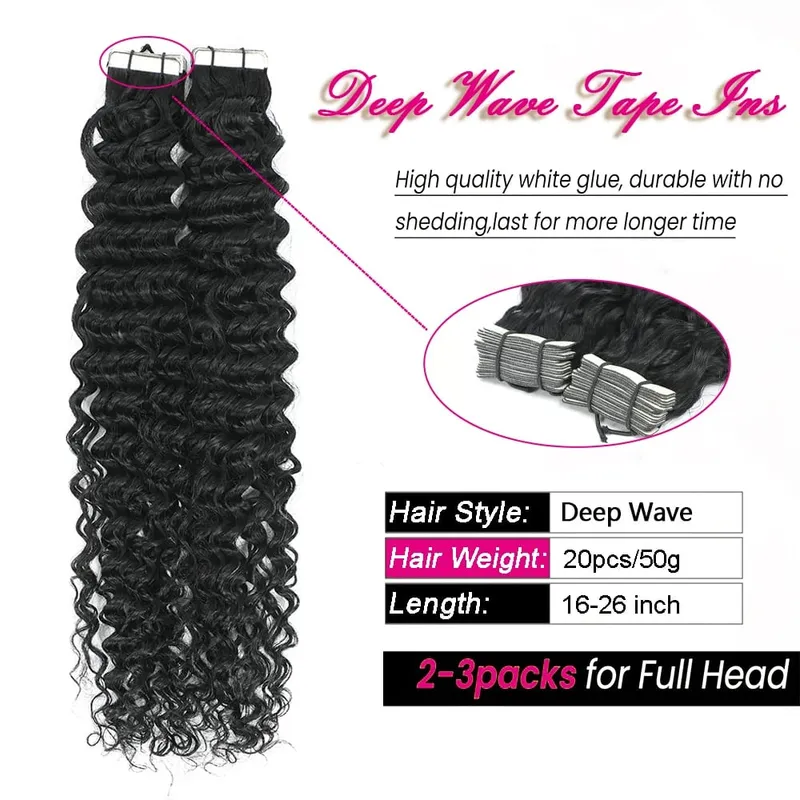 Deep Wave Tape In Hair Extensions Human Hair Skin Weft Seamless Invisible Clip-In And Tape-In Hair Extensions 20Pcs 50G/Pack — image 2