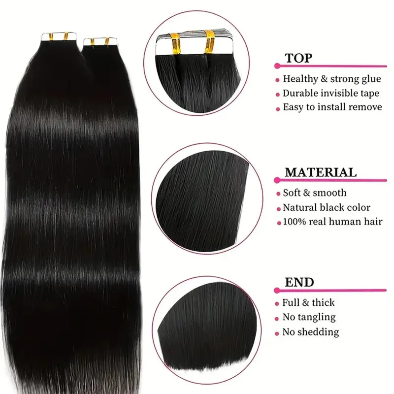 20pcs/Pack Tape In Human Hair Extensions Natural Straight 100% Remy Human Hair Extensions with Seamless Invisible Tape Ins Hair