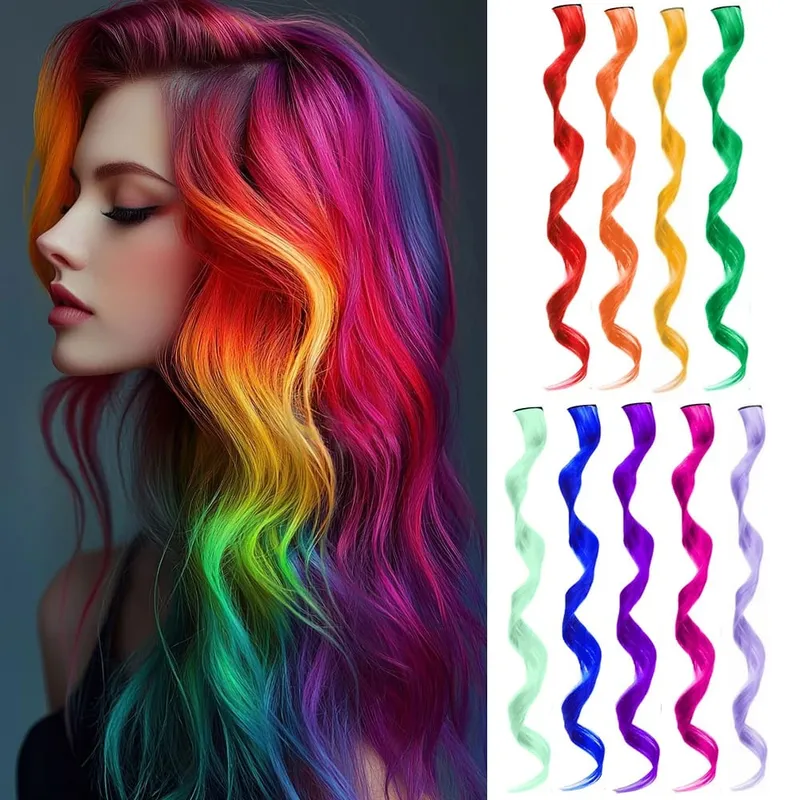 22Iinch Colored Curly Wavy Clip in Hair Extensions for Women Multi-colors Party Highlights Synthetic Rainbow Hairpiece (9 PCS) — image 7