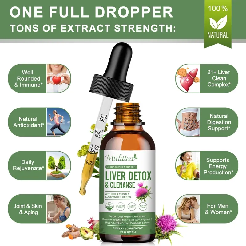 Mulittea Liver Health Drops with Milk Thistle & Artichoke -60ml Herbal Blend with Silymarin Dandelion Turmeric & Berberine for Liver Cleanse Detox Repair & Daily Support — image 2