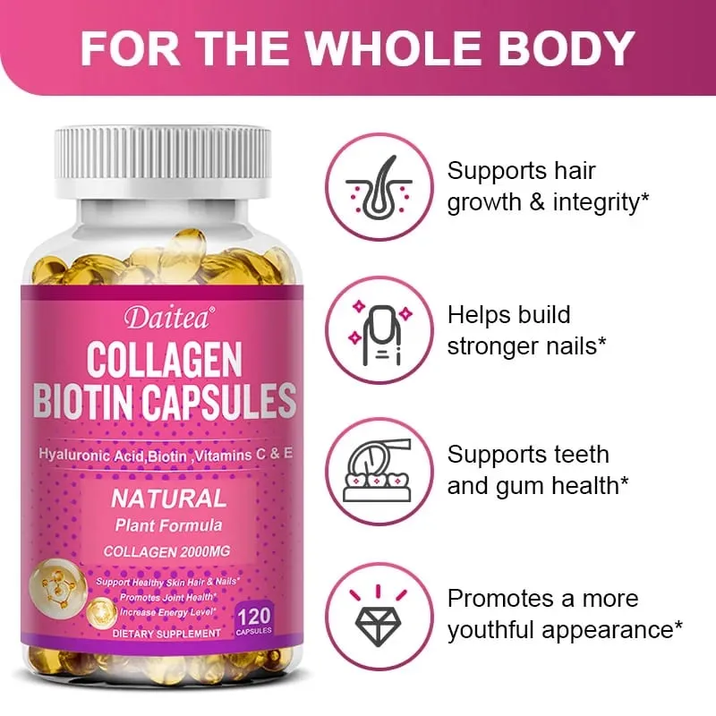 Les capsules de biotine de collagène Daitea soutiennent une peau saine, des articulations, des cheveux et des ongles, antioxydantes et sans OGM. — image 4