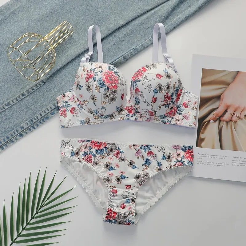 Sexy Lingerie Set for Women Pretty Printed Brassiere Push Up Bra with Steel Ring Everyday Underwear Panty Bras Set