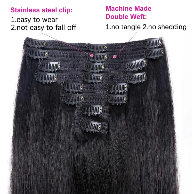 Straight Clip In Human Hair Extensions Brown Unprocessed Hair Extensions Full Head Brazilian Hair Seamless Clip Ins Extension — image 4