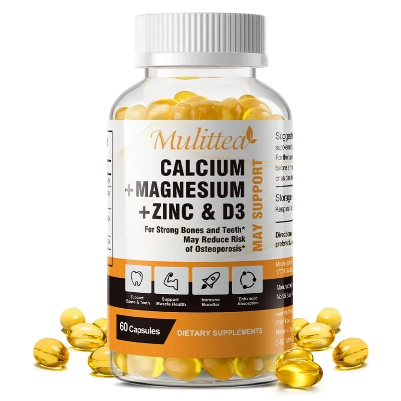 Mulittea Calcium Magnesium Zinc Capsules with Vitamin D3 for Strong Bones & Nervous System Health & Promotes Cell Growth