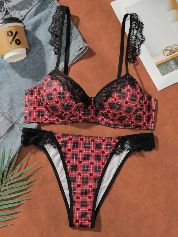 Christmas Red Plaid Lace Heart Push Up Bra Set Women Sexy Underwire No Padded Bralette & Panty Set