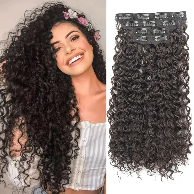 Synthetic Kinky Curly Clip On Hair Extensions Fluffy Messy Heat Resistant Fiber Black Blonde Hair Extensions For Women