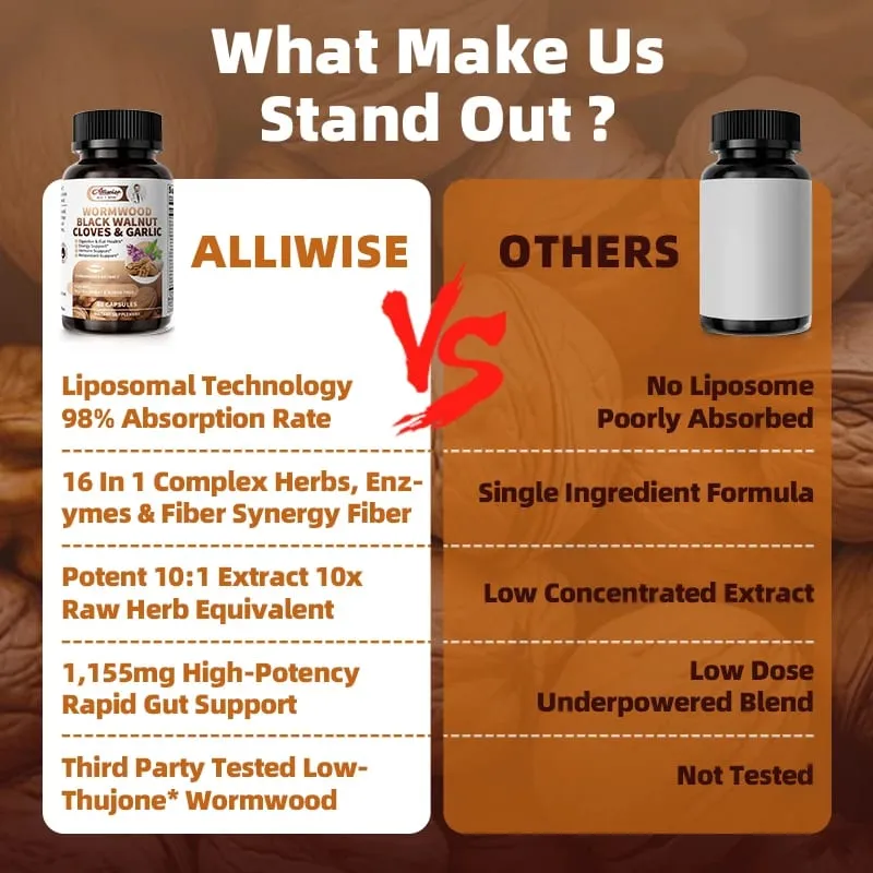 Alliwise 16-in-1 Black Walnut Wormwood Capsules Rapid Gut Cleanse & Digestive Health with Clove Garlic Turmeric Liposomal Delivery 98% Absorption Vegan Gluten-Free — image 3