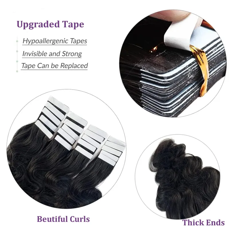 Body Wave Tape In Human Hair Extensions 20Pcs/Pack Seamless Skin Weft Tape Ins 100% Human Hair Wavy Tape In Hair Extensions — image 3