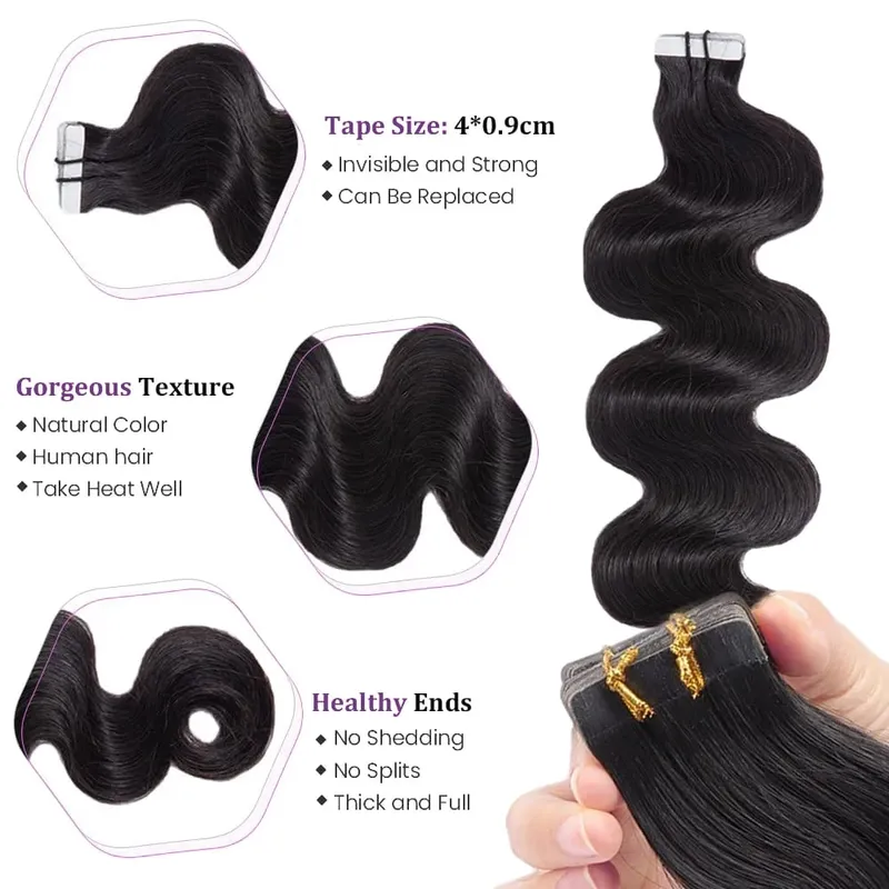 Body Wave Tape In Human Hair Extensions 20Pcs/Pack Seamless Skin Weft Tape Ins 100% Human Hair Wavy Tape In Hair Extensions — image 2