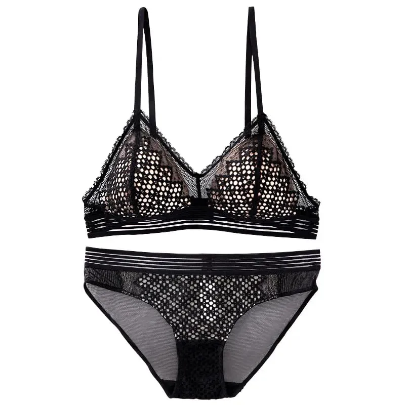 Sexy Hollow Out Lace Triangle Bra and Panties Set Underwear Soft Thin Cup Wireless French Bra Lingerie Women 2020 New — image 2