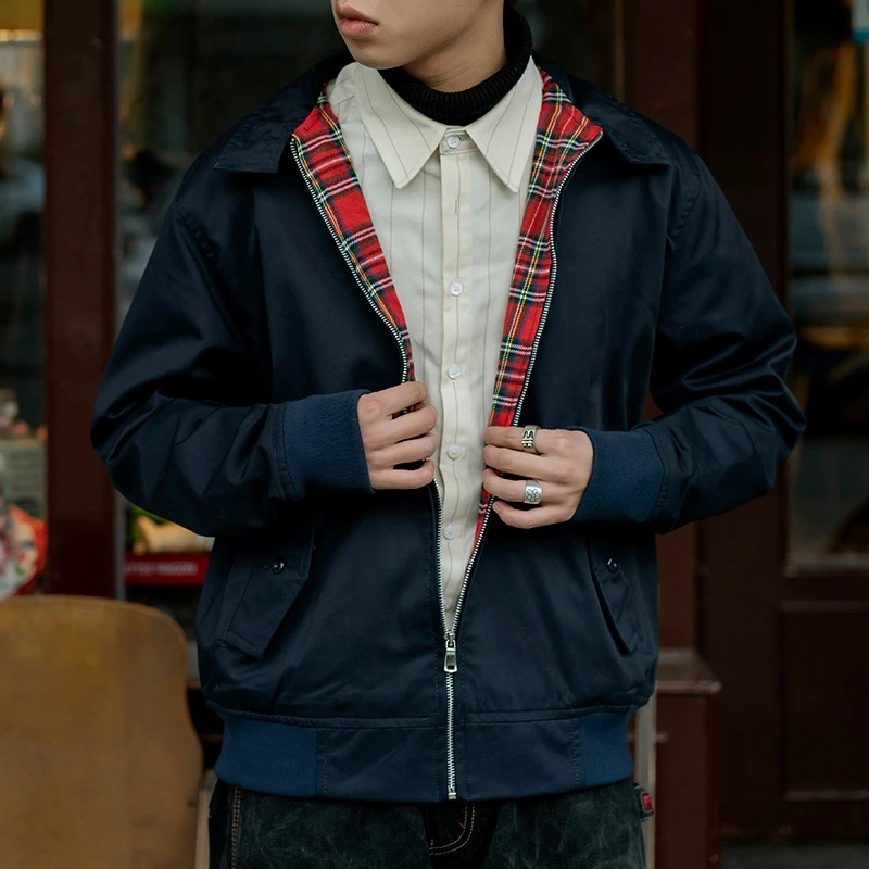 Men jacket autumn thin EU size vintage classic bomber coat inner plaid jacket — image 1