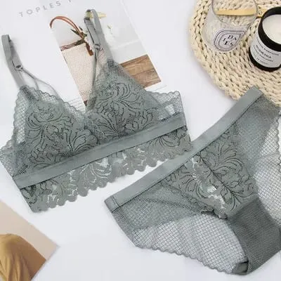 Full lace wireless cotton cup comfortable ladies underwear sets Soft-cup triangle bralette and transparent panties bra lingerie — image 8