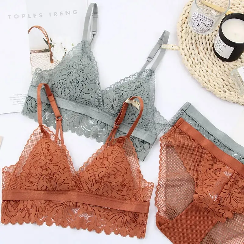 Full lace wireless cotton cup comfortable ladies underwear sets Soft-cup triangle bralette and transparent panties bra lingerie — image 1