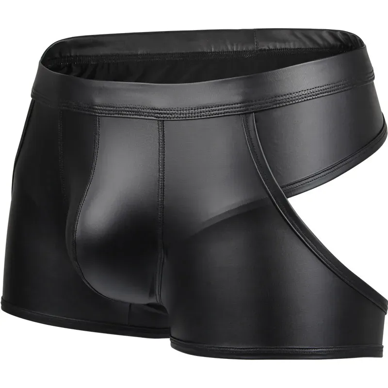 Sexy Men Hollow Boxers Male Underwear Faux Leather Open Butt Bottoms Performance Underpants Boxershorts Backless Boxer Shorts