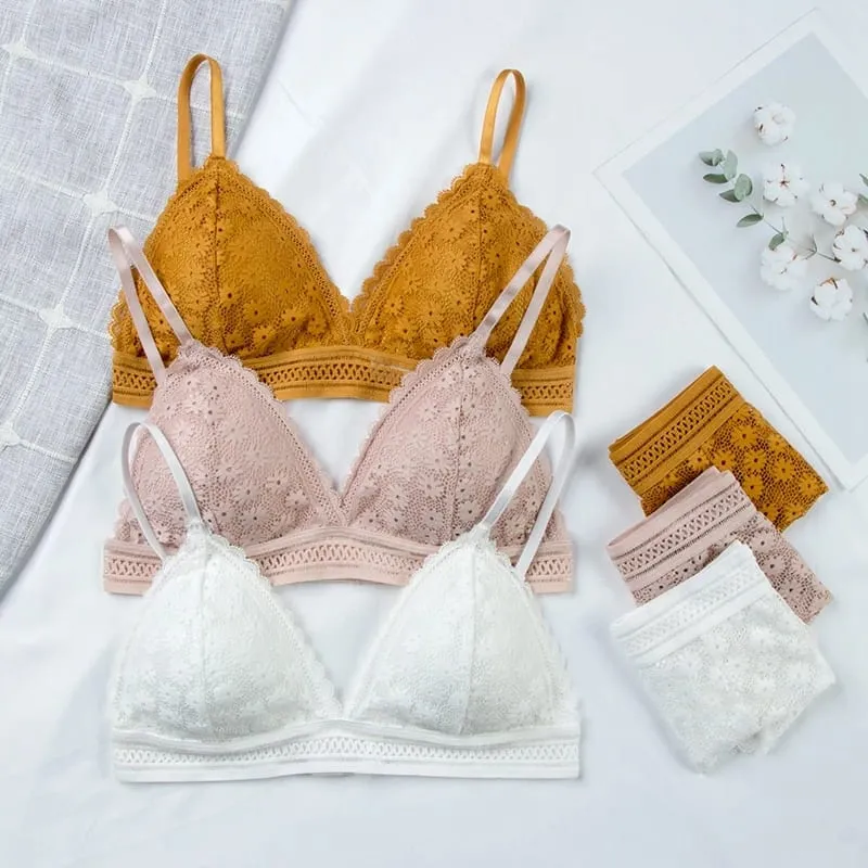 Women Floral Lace Bras Suit Solid Underwear Padded Breathable Vest With Briefs Sexy Hollow Out Bralette Thin Lingerie One Size — image 4