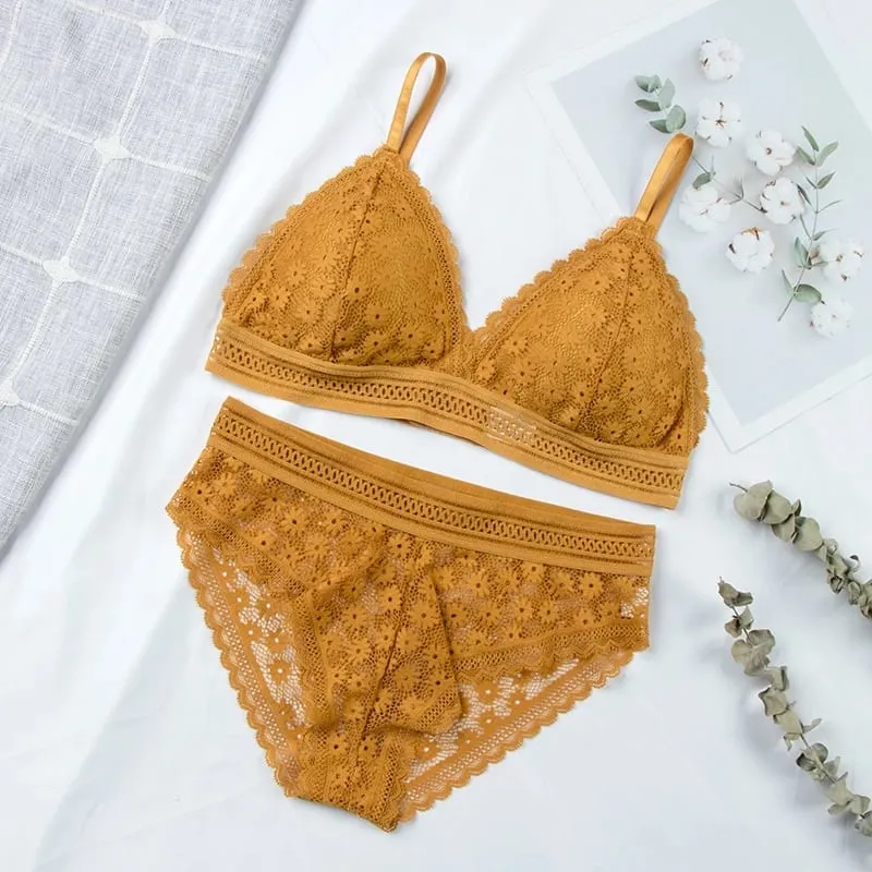 Women Floral Lace Bras Suit Solid Underwear Padded Breathable Vest With Briefs Sexy Hollow Out Bralette Thin Lingerie One Size — image 12