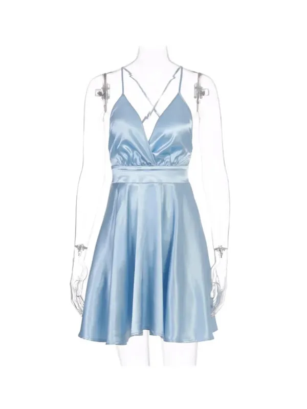 Summer Sexy 2000s European and American Solid Color V-neck Bow High Street Vintage style emo Strap Dress Strap A-line short Dres — image 6