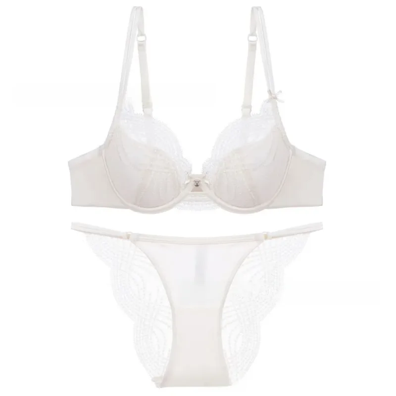 Hollow Thin Cup Women Lingerie Set Seamless Silk Satin Lace Embroidery Lingerie French Style Push Up Bra Set Women Intimates