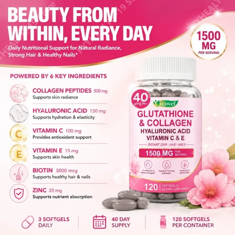 Itawel Collagen Glutathione Softgels Hyaluronic Acid Vitamins C E For Skin Hair Nails Radiance & Beauty Support Adult 120 Count — image 2
