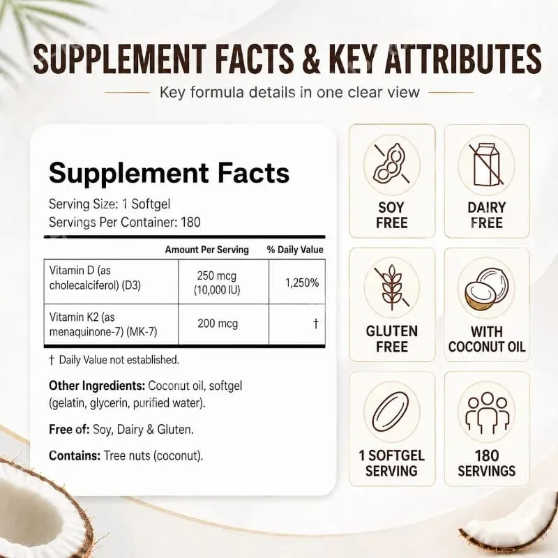 Vitamin D3 K2 Softgels with MK-7 10000 IU Vitamin D3 200mcg K2 Soy Free Gluten Free Daily Nutrition Supplement 300 Softgels — image 3