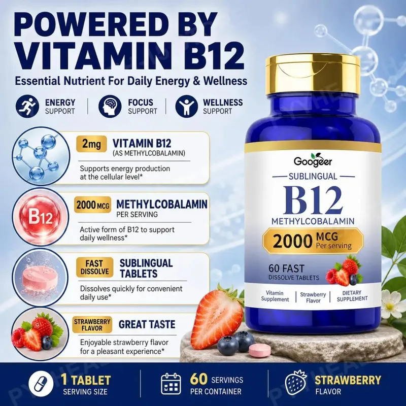 Googeer B12 Methylcobalamin Sublingual Fast Dissolve Tablets with Strawberry Flavor for Daily Body Comfort Support 60 Tablets — image 5