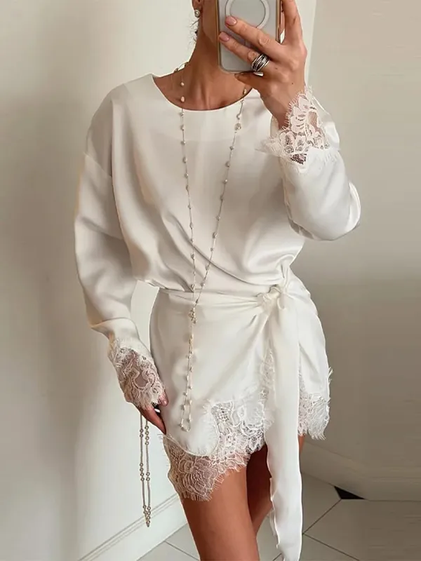 Satin Lace Patchwork Dress Women Long Sleeve O-neck Casual 2026 Spring Female Dresses Casual Solid Beach Robe Not Contain Pearls — image 4