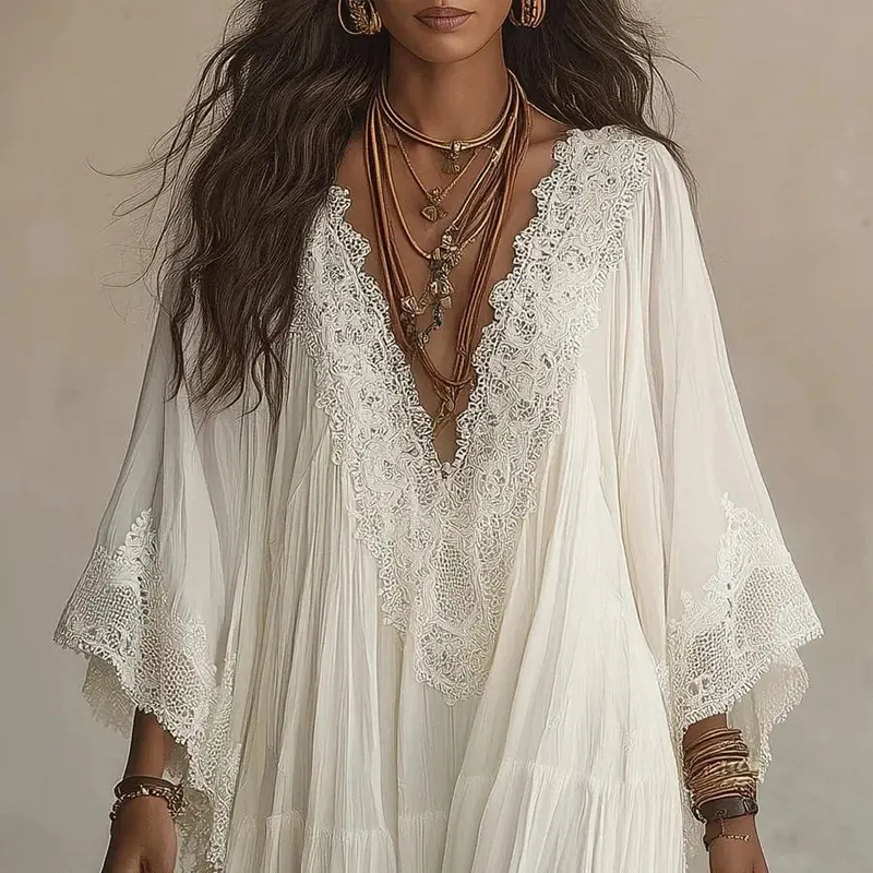 Summer Elegant Solid Dresses Womens Casual Lace Trim V Neck Flowy Maxi Dress Beach Holiday Party Maxi Dresses Robe Vestidos — image 6